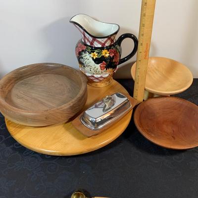 LOT 79 Wooden Bowls, Kromex Rosewood Butter Dish, Wooden Lazy Susan, Wood Handle Scoops and Magnifying Glass and Ceramic Chicken Pitcher