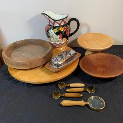LOT 79 Wooden Bowls, Kromex Rosewood Butter Dish, Wooden Lazy Susan, Wood Handle Scoops and Magnifying Glass and Ceramic Chicken Pitcher