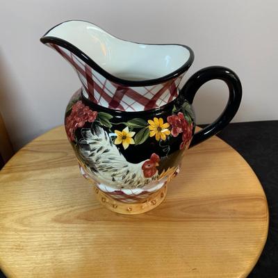 LOT 79 Wooden Bowls, Kromex Rosewood Butter Dish, Wooden Lazy Susan, Wood Handle Scoops and Magnifying Glass and Ceramic Chicken Pitcher