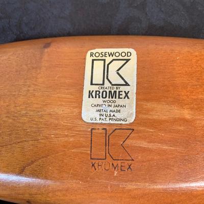 LOT 79 Wooden Bowls, Kromex Rosewood Butter Dish, Wooden Lazy Susan, Wood Handle Scoops and Magnifying Glass and Ceramic Chicken Pitcher