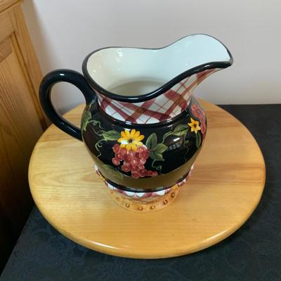 LOT 79 Wooden Bowls, Kromex Rosewood Butter Dish, Wooden Lazy Susan, Wood Handle Scoops and Magnifying Glass and Ceramic Chicken Pitcher