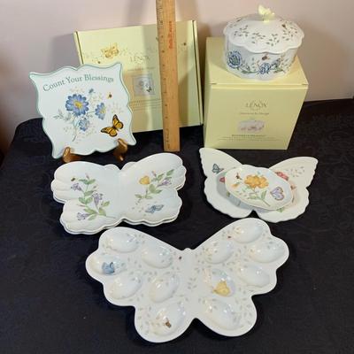 LOT 80: Lenox Butterfly Meadow Collection - “Count Your Blessings Trivet, Trinket Box, Two (2) Butterfly Shaped Plates, Butterfly Shaped...