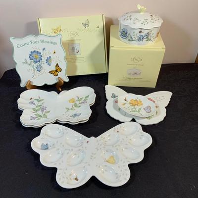 LOT 80: Lenox Butterfly Meadow Collection - “Count Your Blessings Trivet, Trinket Box, Two (2) Butterfly Shaped Plates, Butterfly Shaped...
