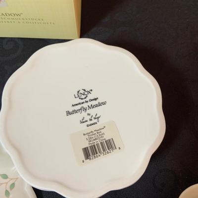 LOT 80: Lenox Butterfly Meadow Collection - “Count Your Blessings Trivet, Trinket Box, Two (2) Butterfly Shaped Plates, Butterfly Shaped...
