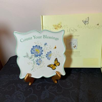 LOT 80: Lenox Butterfly Meadow Collection - “Count Your Blessings Trivet, Trinket Box, Two (2) Butterfly Shaped Plates, Butterfly Shaped...