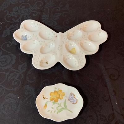 LOT 80: Lenox Butterfly Meadow Collection - “Count Your Blessings Trivet, Trinket Box, Two (2) Butterfly Shaped Plates, Butterfly Shaped...