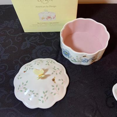 LOT 80: Lenox Butterfly Meadow Collection - “Count Your Blessings Trivet, Trinket Box, Two (2) Butterfly Shaped Plates, Butterfly Shaped...