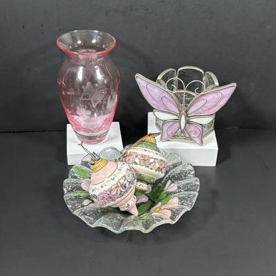 LOT 111: Butterflies & More: Lena Liu Floral Bradford Exchange Ornaments, Stained Glass Votive Candle Holder, Lenox Etched Pink Vase...