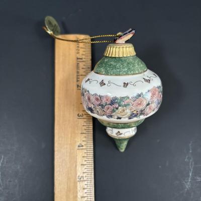 LOT 111: Butterflies & More: Lena Liu Floral Bradford Exchange Ornaments, Stained Glass Votive Candle Holder, Lenox Etched Pink Vase...