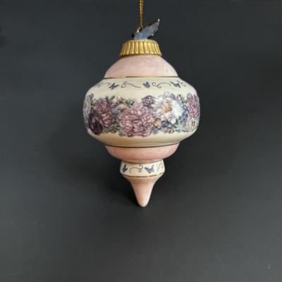 LOT 111: Butterflies & More: Lena Liu Floral Bradford Exchange Ornaments, Stained Glass Votive Candle Holder, Lenox Etched Pink Vase...