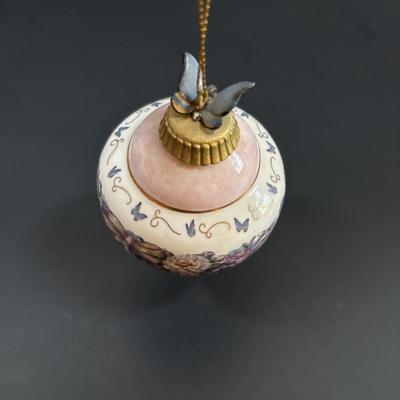 LOT 111: Butterflies & More: Lena Liu Floral Bradford Exchange Ornaments, Stained Glass Votive Candle Holder, Lenox Etched Pink Vase...