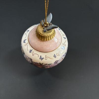 LOT 111: Butterflies & More: Lena Liu Floral Bradford Exchange Ornaments, Stained Glass Votive Candle Holder, Lenox Etched Pink Vase...