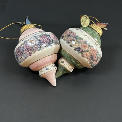LOT 111: Butterflies & More: Lena Liu Floral Bradford Exchange Ornaments, Stained Glass Votive Candle Holder, Lenox Etched Pink Vase...