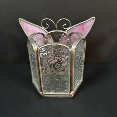 LOT 111: Butterflies & More: Lena Liu Floral Bradford Exchange Ornaments, Stained Glass Votive Candle Holder, Lenox Etched Pink Vase...