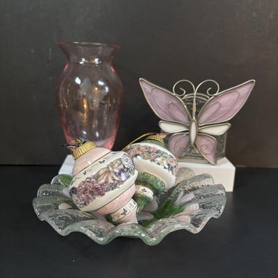 LOT 111: Butterflies & More: Lena Liu Floral Bradford Exchange Ornaments, Stained Glass Votive Candle Holder, Lenox Etched Pink Vase...