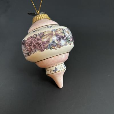 LOT 111: Butterflies & More: Lena Liu Floral Bradford Exchange Ornaments, Stained Glass Votive Candle Holder, Lenox Etched Pink Vase...