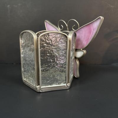 LOT 111: Butterflies & More: Lena Liu Floral Bradford Exchange Ornaments, Stained Glass Votive Candle Holder, Lenox Etched Pink Vase...