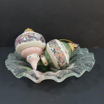 LOT 111: Butterflies & More: Lena Liu Floral Bradford Exchange Ornaments, Stained Glass Votive Candle Holder, Lenox Etched Pink Vase...