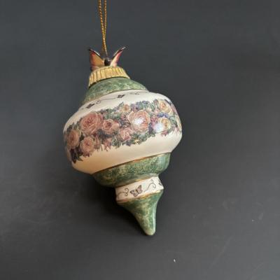 LOT 111: Butterflies & More: Lena Liu Floral Bradford Exchange Ornaments, Stained Glass Votive Candle Holder, Lenox Etched Pink Vase...