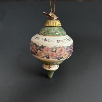LOT 111: Butterflies & More: Lena Liu Floral Bradford Exchange Ornaments, Stained Glass Votive Candle Holder, Lenox Etched Pink Vase...