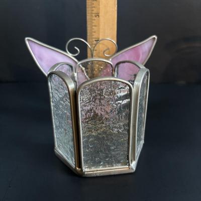 LOT 111: Butterflies & More: Lena Liu Floral Bradford Exchange Ornaments, Stained Glass Votive Candle Holder, Lenox Etched Pink Vase...