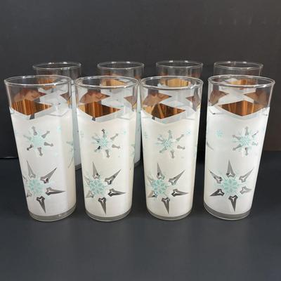 LOT 112: MCM Turquoise & Gold Atomic Frosted Snowflake Glasses (set of 8)