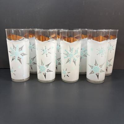 LOT 112: MCM Turquoise & Gold Atomic Frosted Snowflake Glasses (set of 8)