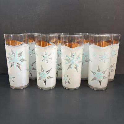 LOT 112: MCM Turquoise & Gold Atomic Frosted Snowflake Glasses (set of 8)