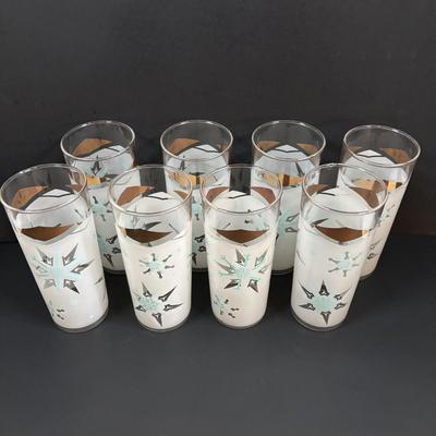 LOT 112: MCM Turquoise & Gold Atomic Frosted Snowflake Glasses (set of 8)