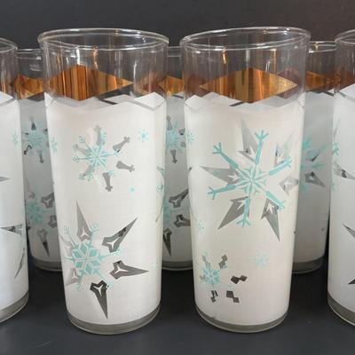 LOT 112: MCM Turquoise & Gold Atomic Frosted Snowflake Glasses (set of 8)