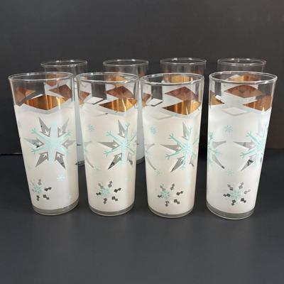 LOT 112: MCM Turquoise & Gold Atomic Frosted Snowflake Glasses (set of 8)