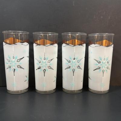 LOT 112: MCM Turquoise & Gold Atomic Frosted Snowflake Glasses (set of 8)