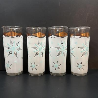 LOT 112: MCM Turquoise & Gold Atomic Frosted Snowflake Glasses (set of 8)