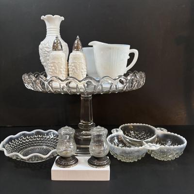 LOT 113: Vintage Etched Crystal & Weighted Sterling Silver Salt/Pepper Shakers, Opalescent Hobnail, Imperial Milk Glass, Pressed...