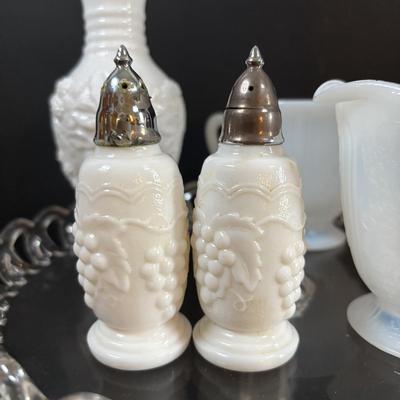 LOT 113: Vintage Etched Crystal & Weighted Sterling Silver Salt/Pepper Shakers, Opalescent Hobnail, Imperial Milk Glass, Pressed...