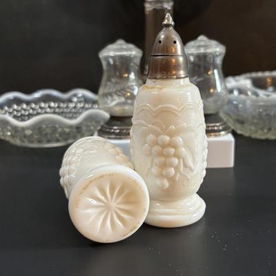 LOT 113: Vintage Etched Crystal & Weighted Sterling Silver Salt/Pepper Shakers, Opalescent Hobnail, Imperial Milk Glass, Pressed...