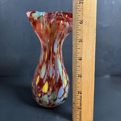 LOT 115: Beautiful Glass Collection: Amber/Gold Handblown Pitcher, Multi Color Art Glass Vase (orange, red, blue) and Cranberry Pitcher