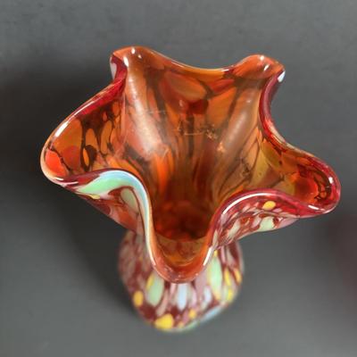 LOT 115: Beautiful Glass Collection: Amber/Gold Handblown Pitcher, Multi Color Art Glass Vase (orange, red, blue) and Cranberry Pitcher