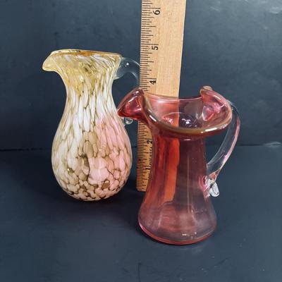 LOT 115: Beautiful Glass Collection: Amber/Gold Handblown Pitcher, Multi Color Art Glass Vase (orange, red, blue) and Cranberry Pitcher