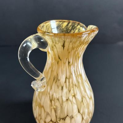 LOT 115: Beautiful Glass Collection: Amber/Gold Handblown Pitcher, Multi Color Art Glass Vase (orange, red, blue) and Cranberry Pitcher