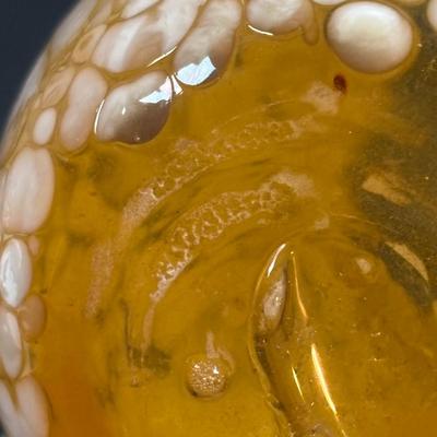 LOT 115: Beautiful Glass Collection: Amber/Gold Handblown Pitcher, Multi Color Art Glass Vase (orange, red, blue) and Cranberry Pitcher