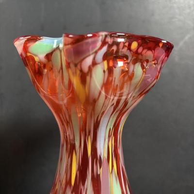 LOT 115: Beautiful Glass Collection: Amber/Gold Handblown Pitcher, Multi Color Art Glass Vase (orange, red, blue) and Cranberry Pitcher