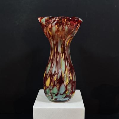 LOT 115: Beautiful Glass Collection: Amber/Gold Handblown Pitcher, Multi Color Art Glass Vase (orange, red, blue) and Cranberry Pitcher