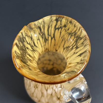 LOT 115: Beautiful Glass Collection: Amber/Gold Handblown Pitcher, Multi Color Art Glass Vase (orange, red, blue) and Cranberry Pitcher
