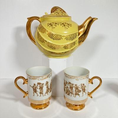 LOT 137: Collection of Hand Painted Tea Pots and Cups - Hall, Royal Crown and More
