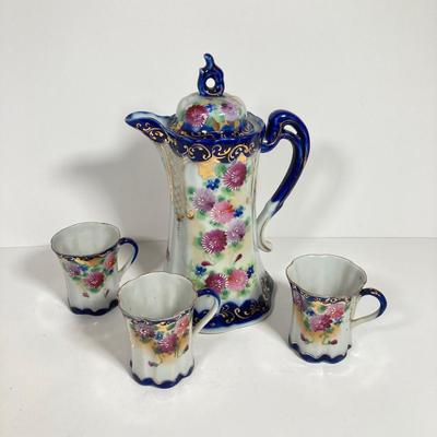 LOT 137: Collection of Hand Painted Tea Pots and Cups - Hall, Royal Crown and More