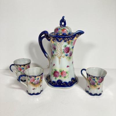 LOT 137: Collection of Hand Painted Tea Pots and Cups - Hall, Royal Crown and More