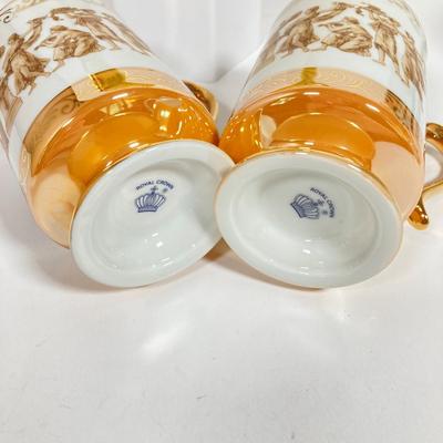 LOT 137: Collection of Hand Painted Tea Pots and Cups - Hall, Royal Crown and More