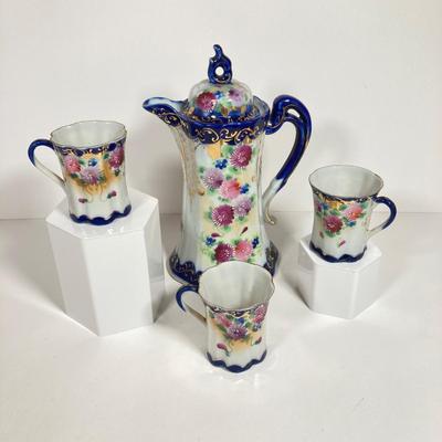 LOT 137: Collection of Hand Painted Tea Pots and Cups - Hall, Royal Crown and More