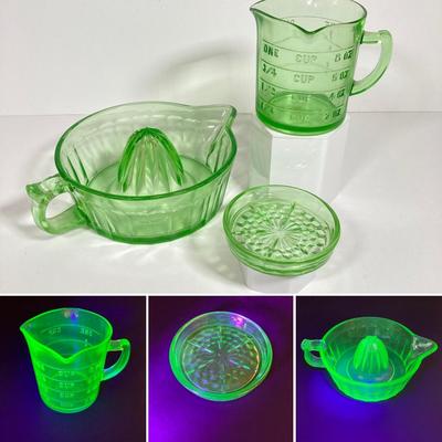 LOT 138: Uranium Glass Collection - Juicer, Measuring Cup and Coaster